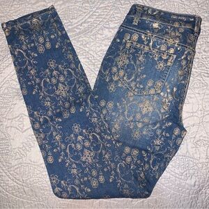 Gold Floral Print Denim Blue Jeans